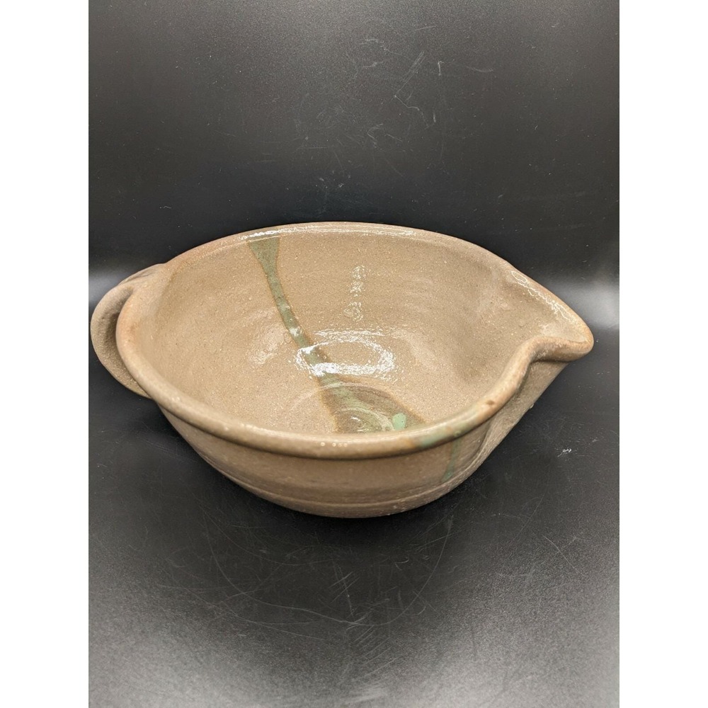 Vintage Studio Art Pottery Pitcher Handle Spout Signed 7" Beige Green